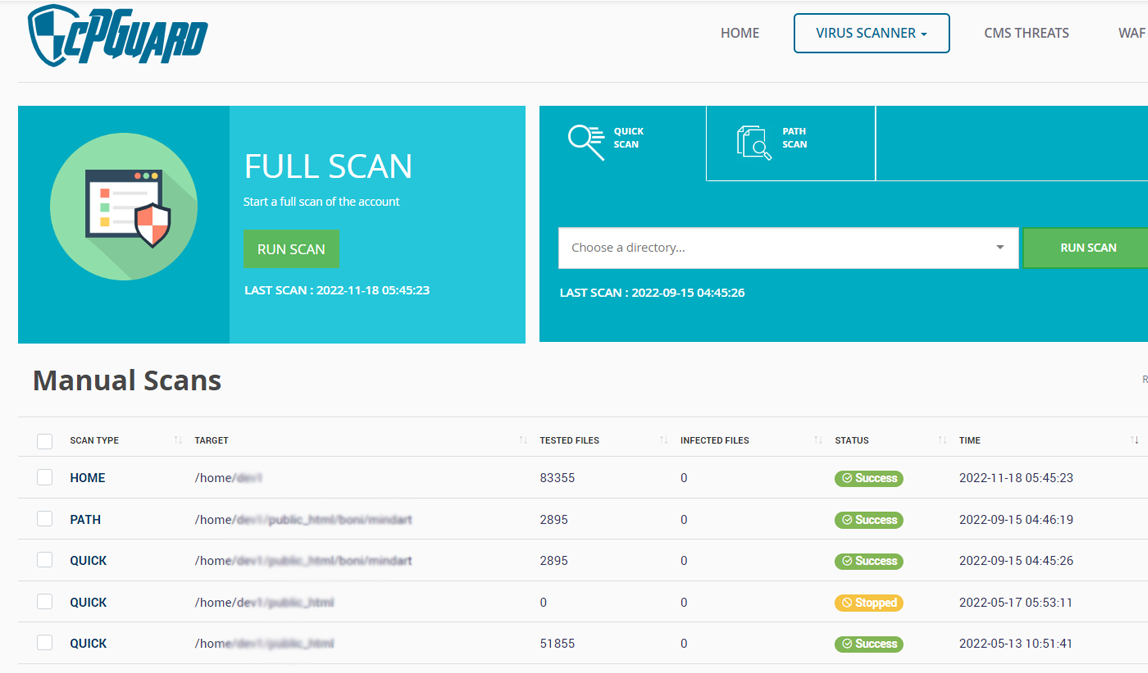 cpanel-security-plugins-manual-scan-page