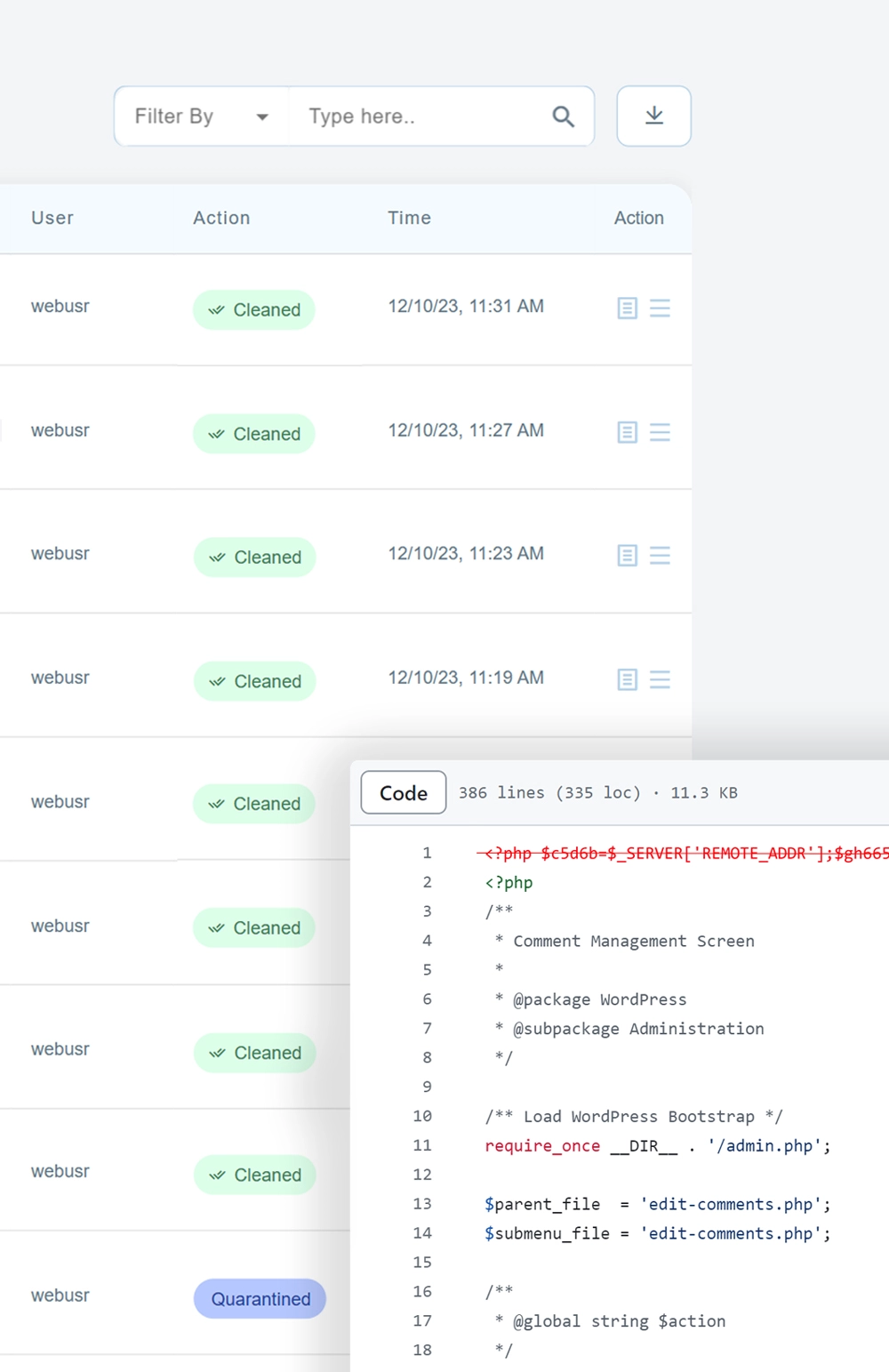 cPGuard autocleaned result scanner log screenshot